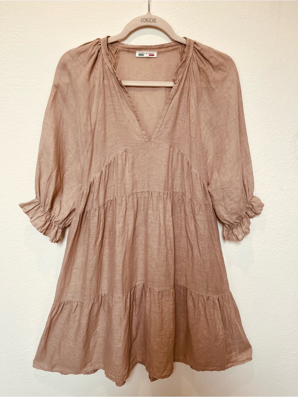 Made In Italy Linen neutral colored v neck boho style tiered dress